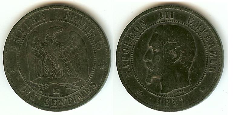 Dix centimes Napoléon III, tête nue 1857 Marseille TB+ à TTB-